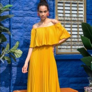 Off-Shoulder Pleated Maxi Dress in Mustard